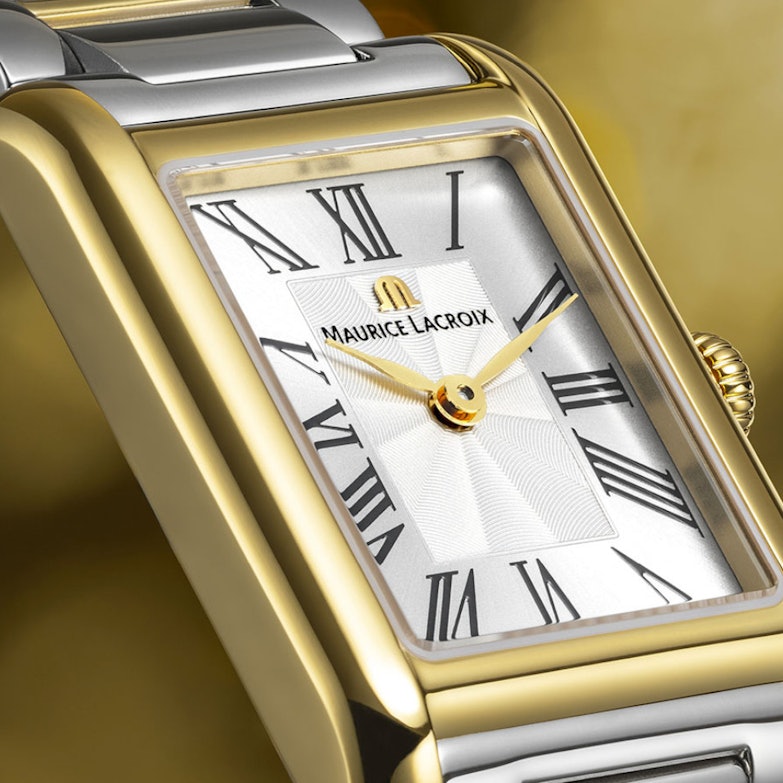 Maurice Lacroix Fiaba Square Quarz Edelstahl Gelbgold-PVD 24x34mm silbernes Zifferblatt zweifarbiges Metallband