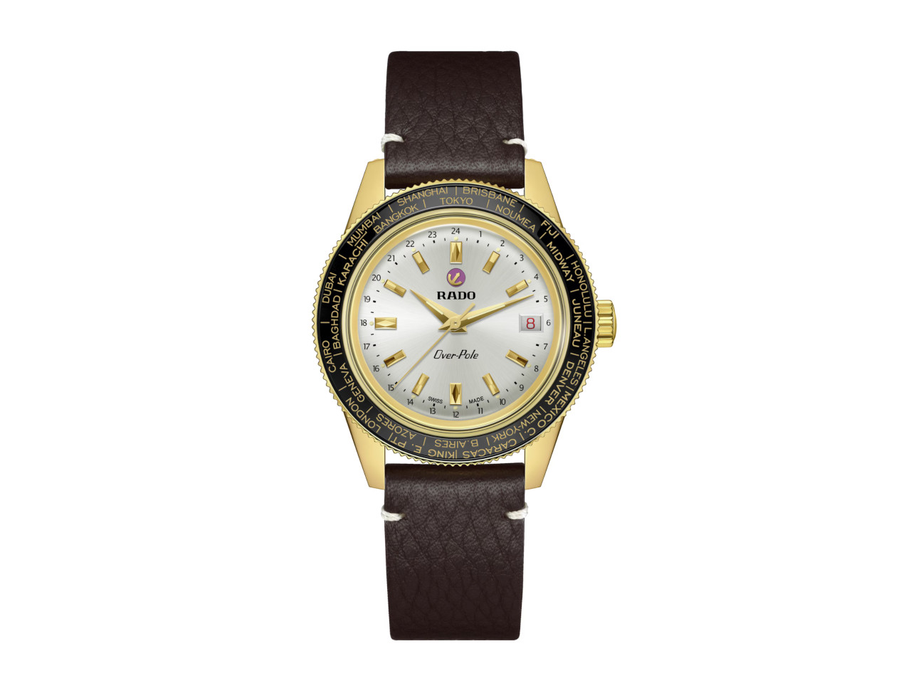 Rado Captain Cook Over-Pole Handaufzug Edelstahl Gelbgold-PVD 39mm silberfarbenes Zifferblatt braunes Lederband Limited Edition