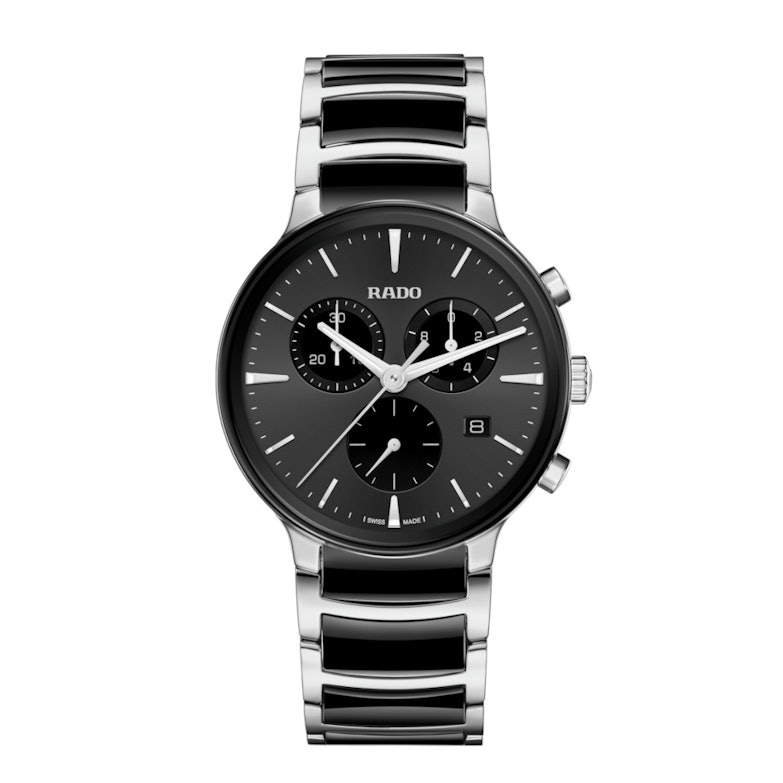 Rado Centrix Chronograph Quarz Edelstahl 41mm schwarzes Zifferblatt schwarzes Keramikband