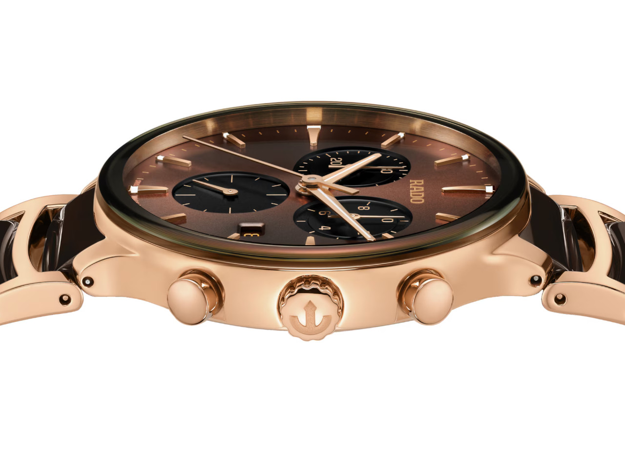 Rado Centrix Chronograph Quarz Edelstahl RG-PVD 41mm braunes Zifferblatt braunes Keramikband