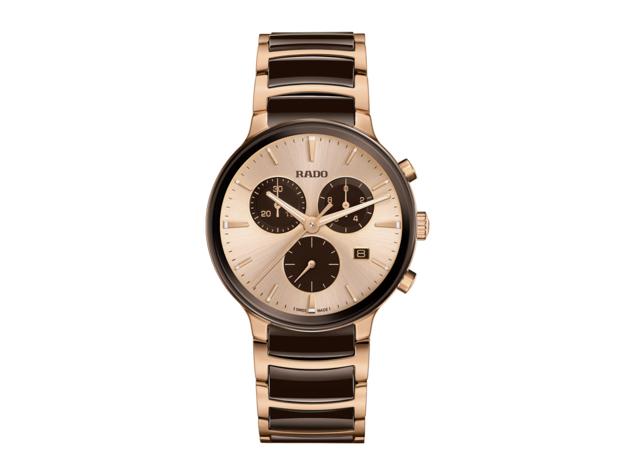 Rado Centrix Chronograph Quarz Edelstahl RG-PVD 41mm champagnerfarbenes Zifferblatt braunes Keramikband