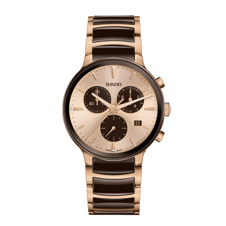 Rado Centrix Chronograph Quarz Edelstahl RG-PVD 41mm champagnerfarbenes Zifferblatt braunes Keramikband