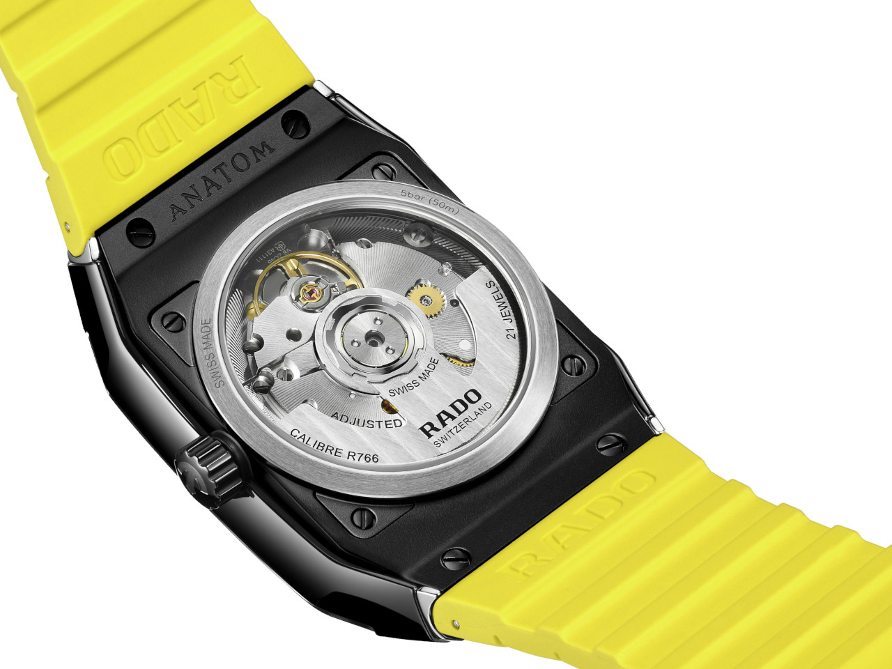 Rado Anatom Automatik Keramik 32,5mm schwarz-gelbes Zifferblatt gelbes Kautschukband Rückseite