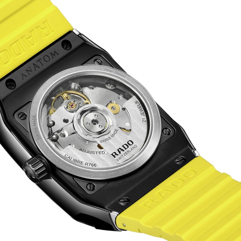 Rado Anatom Automatik Keramik 32,5mm schwarz-gelbes Zifferblatt gelbes Kautschukband Rückseite