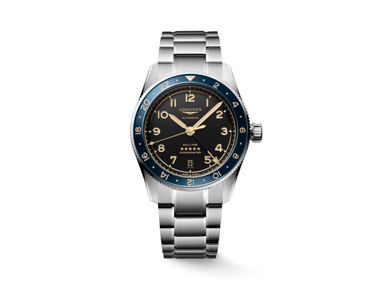 Longines Spirit Zulu Time Automatik Edelstahl 39mm schwarzes Zifferblatt Metallband