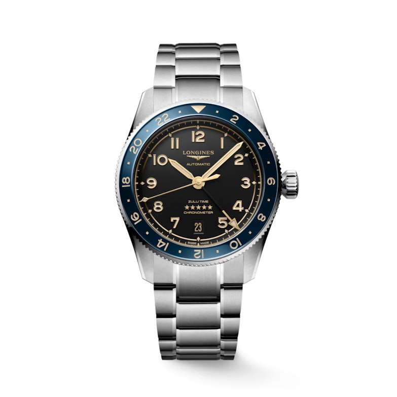 Longines Spirit Zulu Time Automatik Edelstahl 39mm schwarzes Zifferblatt Metallband