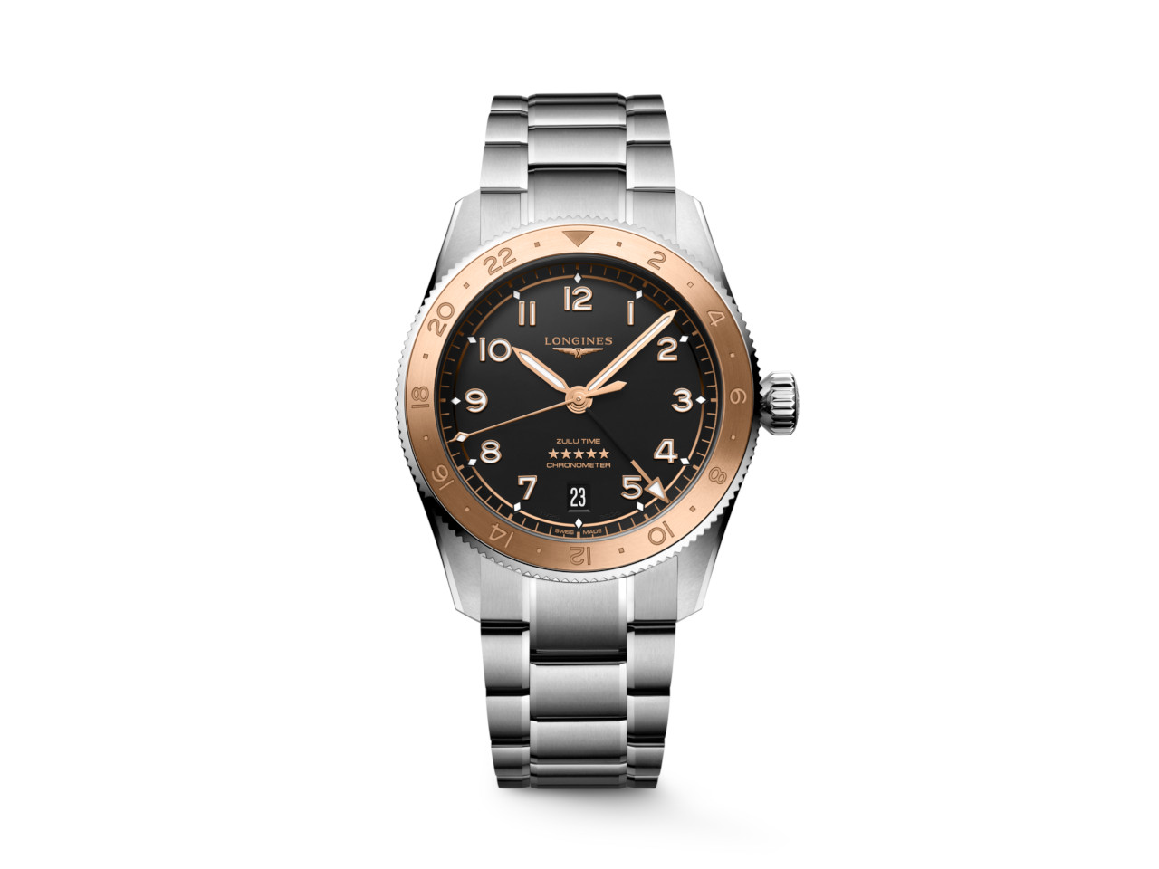 Longines Spirit Zulu Time 1925 Automatik Edelstahl 39mm schwarzes Zifferblatt Metallband