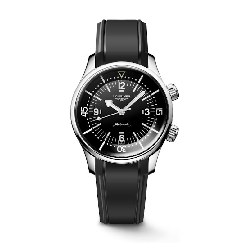 Longines Legend Diver GMT Chronometer Automatik Edelstahl 39mm schwarzes Zifferblatt schwarzes Kautschukband