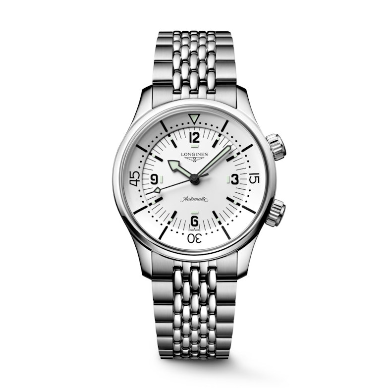 Longines Legend Diver GMT Chronometer Automatik Edelstahl 39mm weißes Zifferblatt Metallband