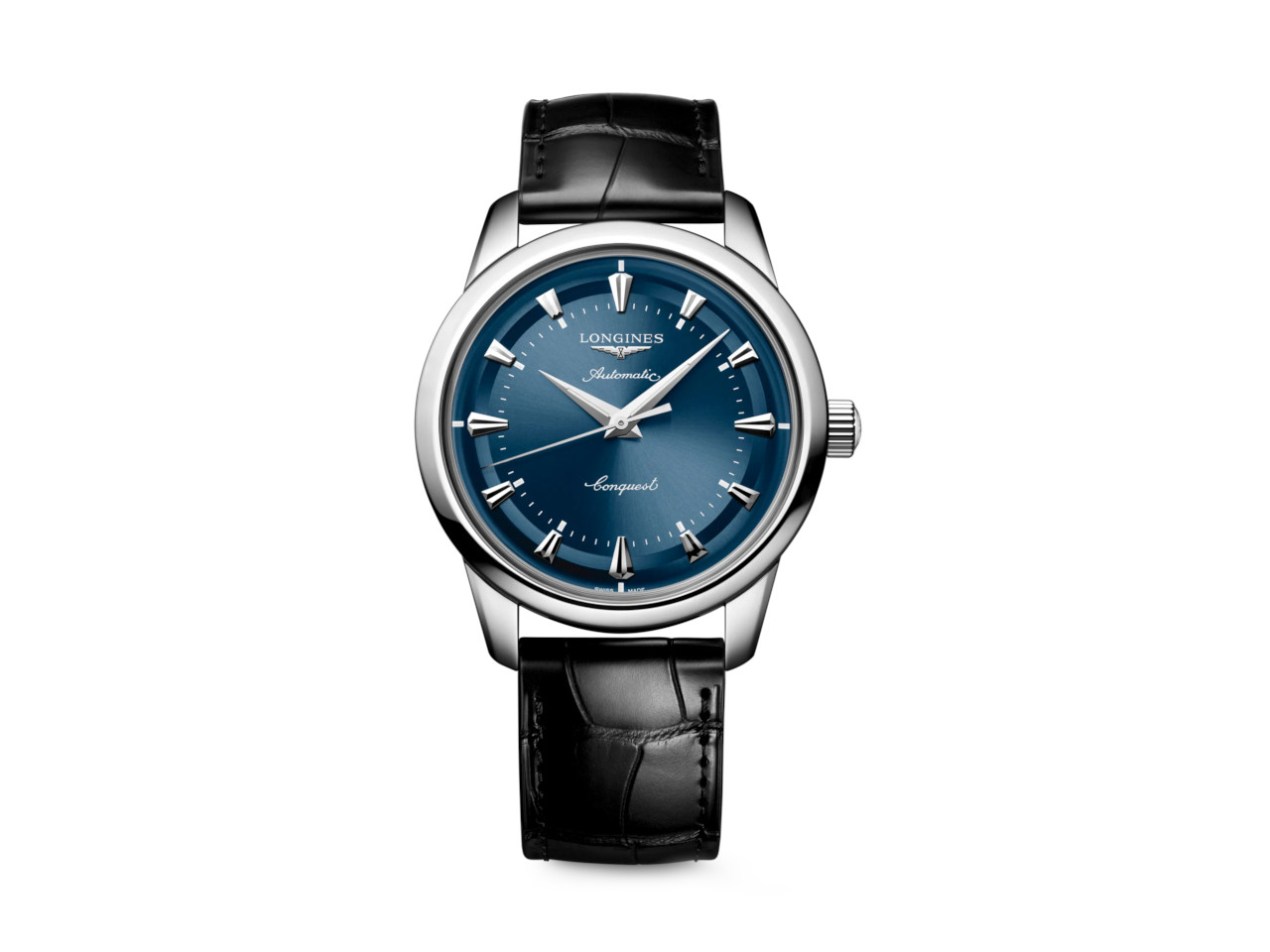 Longines Conquest Heritage Automatik Edelstahl 40mm blaues Zifferblatt schwarzes Lederband