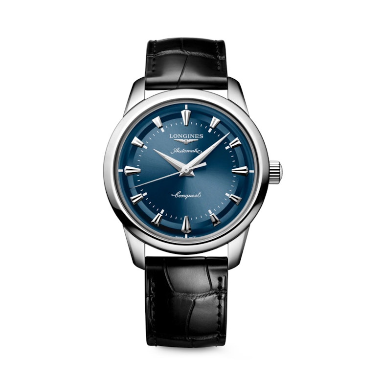 Longines Conquest Heritage Automatik Edelstahl 40mm blaues Zifferblatt schwarzes Lederband