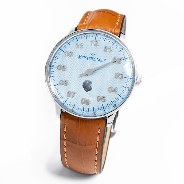 MeisterSinger Neo 200 Jahre Johann Strauss Automatik Edelstahl 36mm blaues Zifferblatt braunes Lederband limitiert