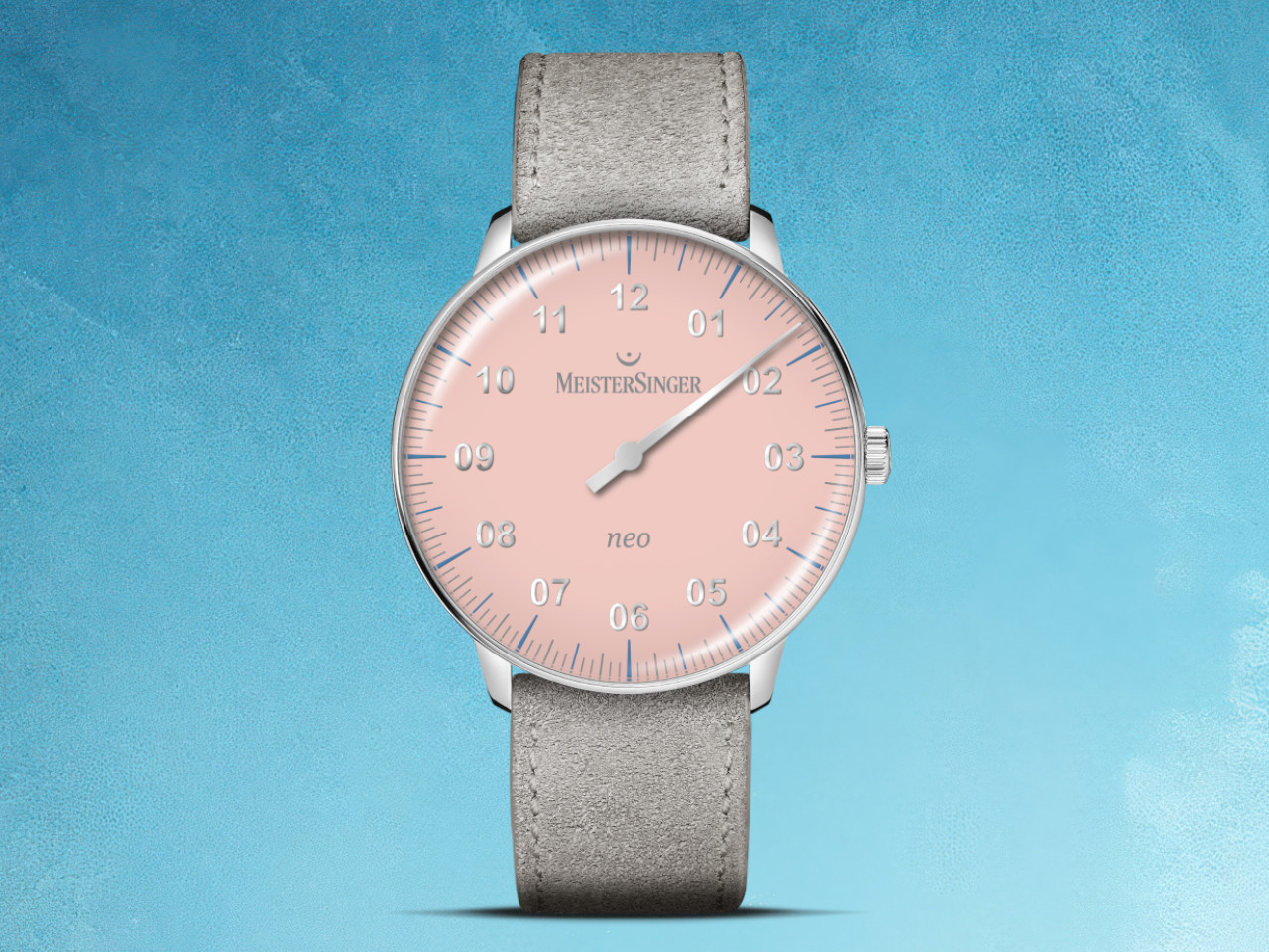 MeisterSinger Neo Special Automatik Edelstahl 36mm rosafarbenes Zifferblatt graues Lederband