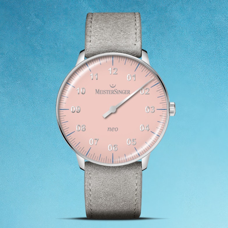 MeisterSinger Neo Special Automatik Edelstahl 36mm rosafarbenes Zifferblatt graues Lederband