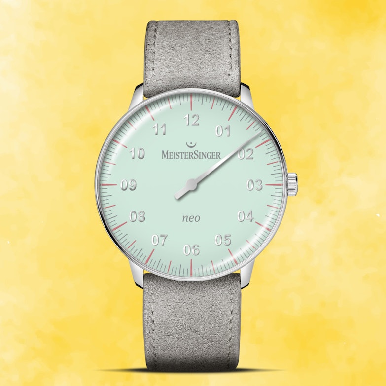 MeisterSinger Neo Special Automatik Edelstahl 36mm hellgrünes Zifferblatt graues Lederband