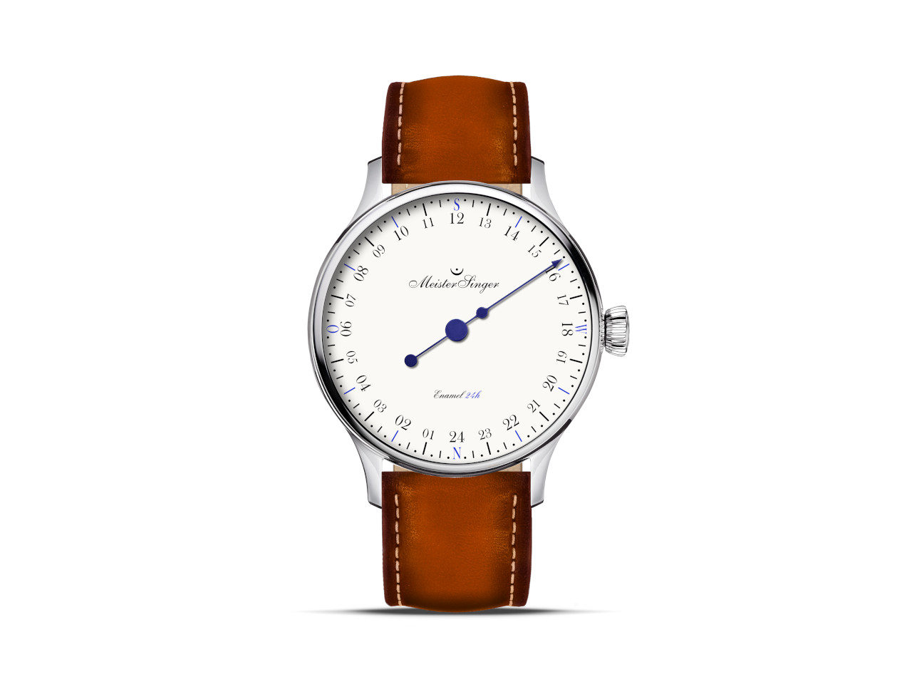 MeisterSinger 24H Emaille Automatik Edelstahl 40mm weißes Zifferblatt braunes Lederband limitiert