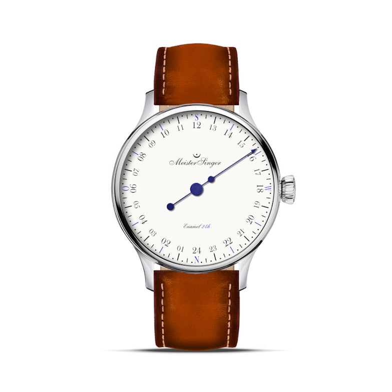 MeisterSinger 24H Emaille Automatik Edelstahl 40mm weißes Zifferblatt braunes Lederband limitiert