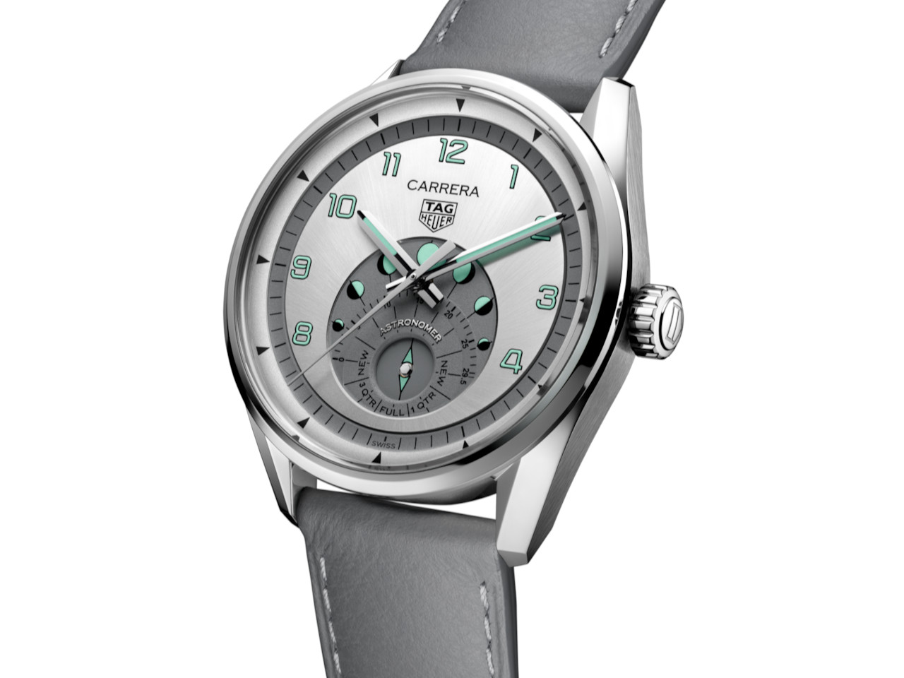 TAG Heuer Carrera Astronomer Automatik Edelstahl 39mm silbernes Zifferblatt graues Lederband