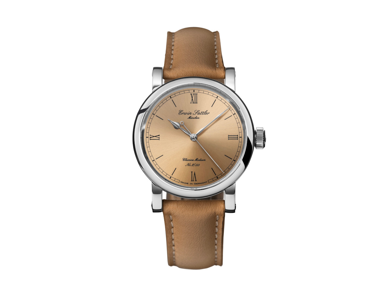 Erwin Sattler Classica Medium Automatik Edelstahl 39mm bronzefarbenes Zifferblatt hellbraunes Lederband limitiert