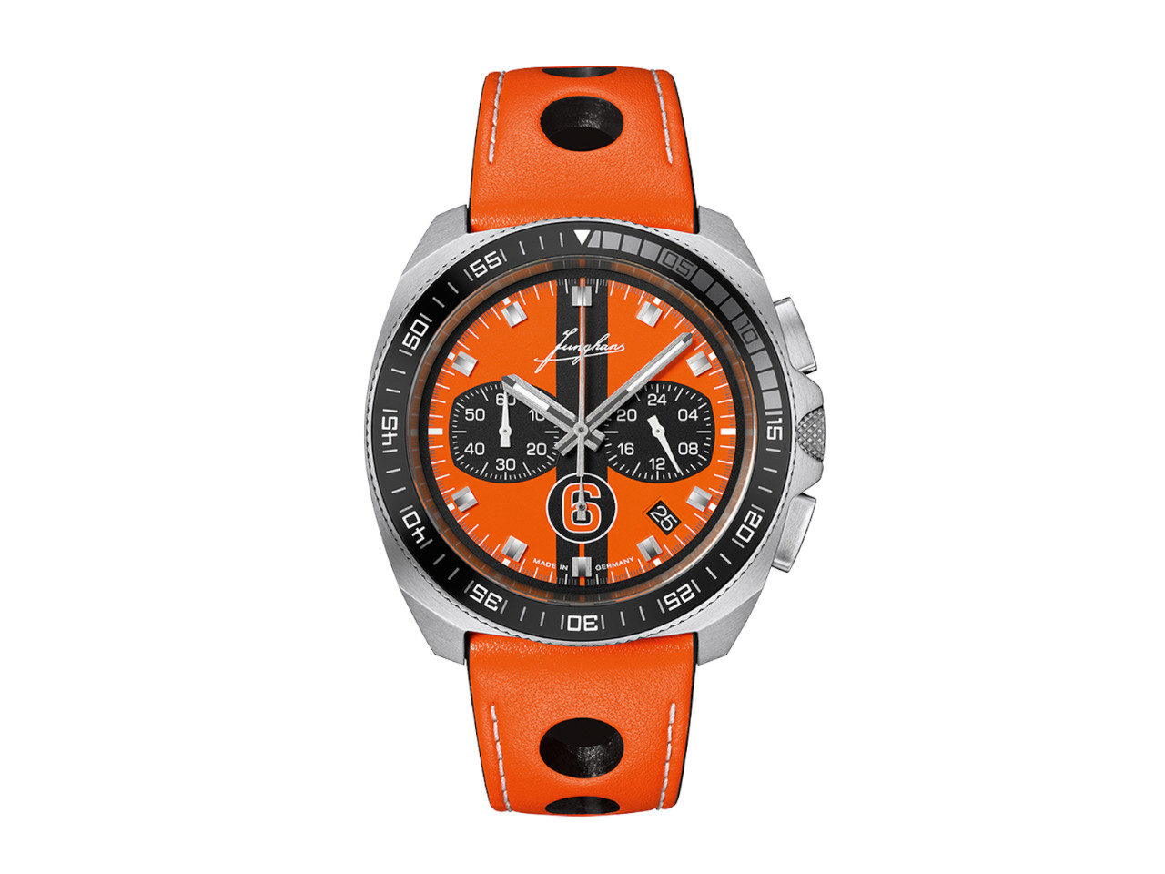 Junghans 1972 Chronoscope Sports Edition 2026 Quarz Edelstahl 43mm oranges Zifferblatt oranges Lederband limitiert