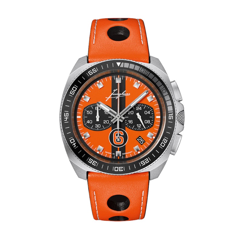 Junghans 1972 Chronoscope Sports Edition 2026 Quarz Edelstahl 43mm oranges Zifferblatt oranges Lederband limitiert