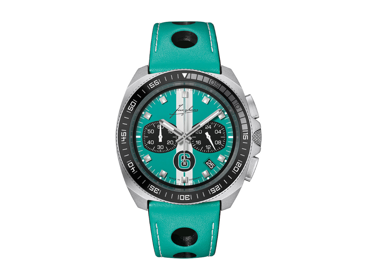 Junghans 1972 Chronoscope Sports Edition 2026 Quarz Edelstahl 43mm türkises Zifferblatt türkises Lederband limitiert
