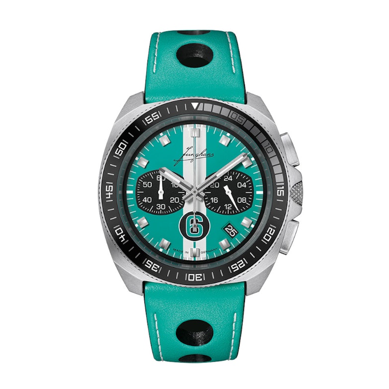 Junghans 1972 Chronoscope Sports Edition 2026 Quarz Edelstahl 43mm türkises Zifferblatt türkises Lederband limitiert
