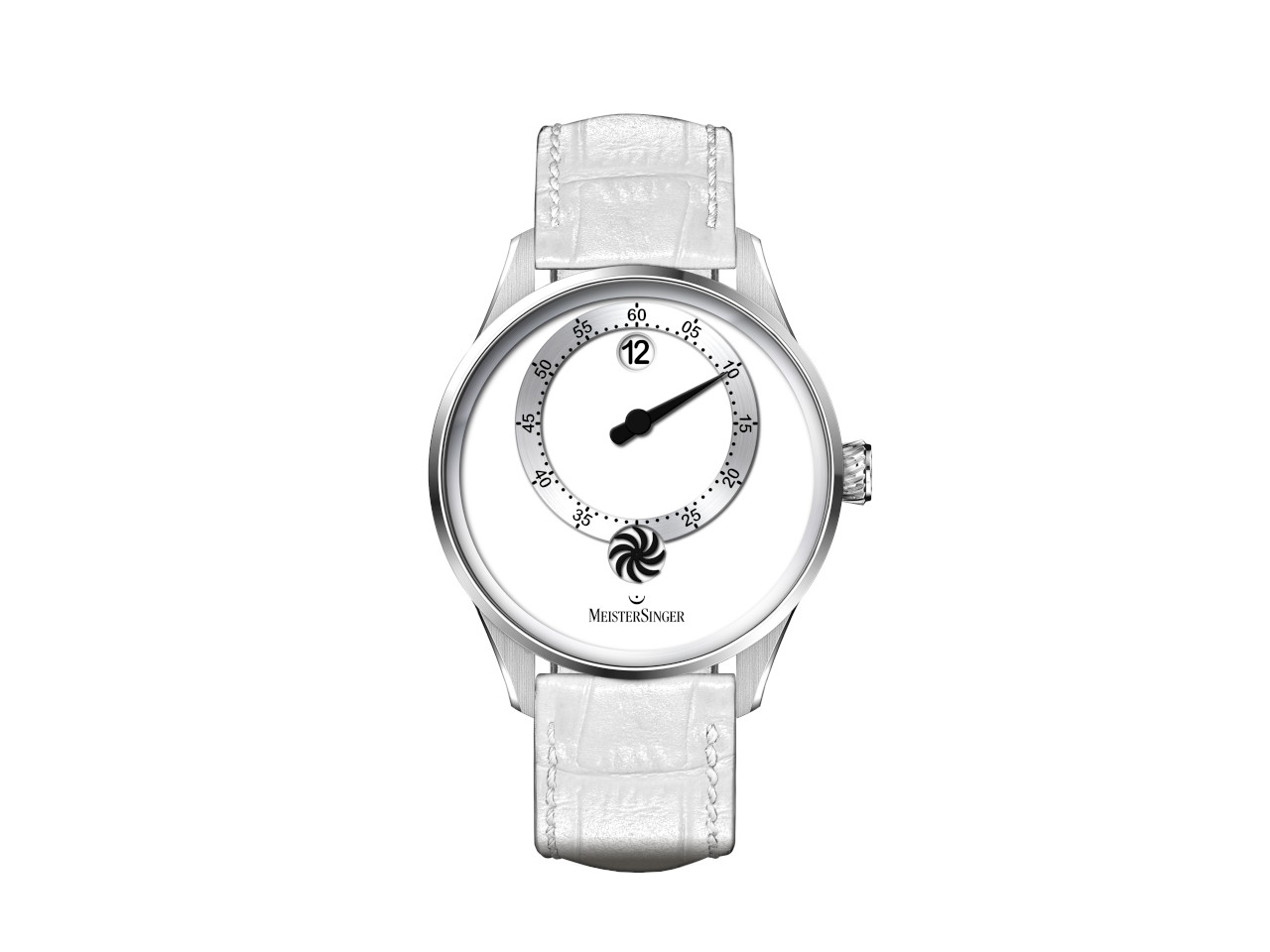 MeisterSinger Panthero Jumping Hour Automatik Edelstahl 40,5mm weißes Zifferblatt weißes Lederband