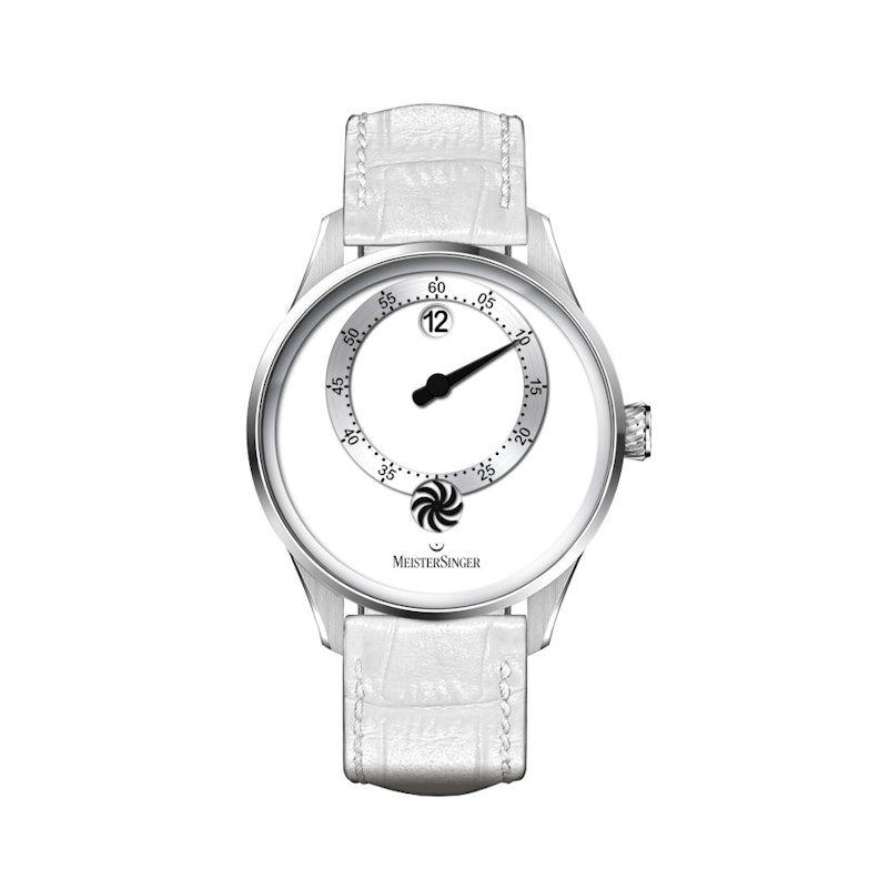 MeisterSinger Panthero Jumping Hour Automatik Edelstahl 40,5mm weißes Zifferblatt weißes Lederband