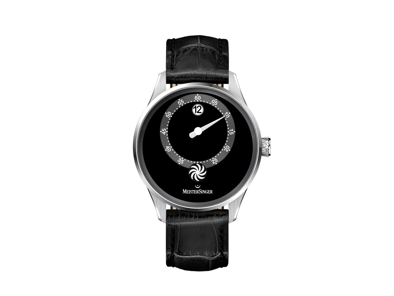 MeisterSinger Panthero Jumping Hour Automatik Edelstahl 40,5mm schwarzes Zifferblatt schwarzes Lederband