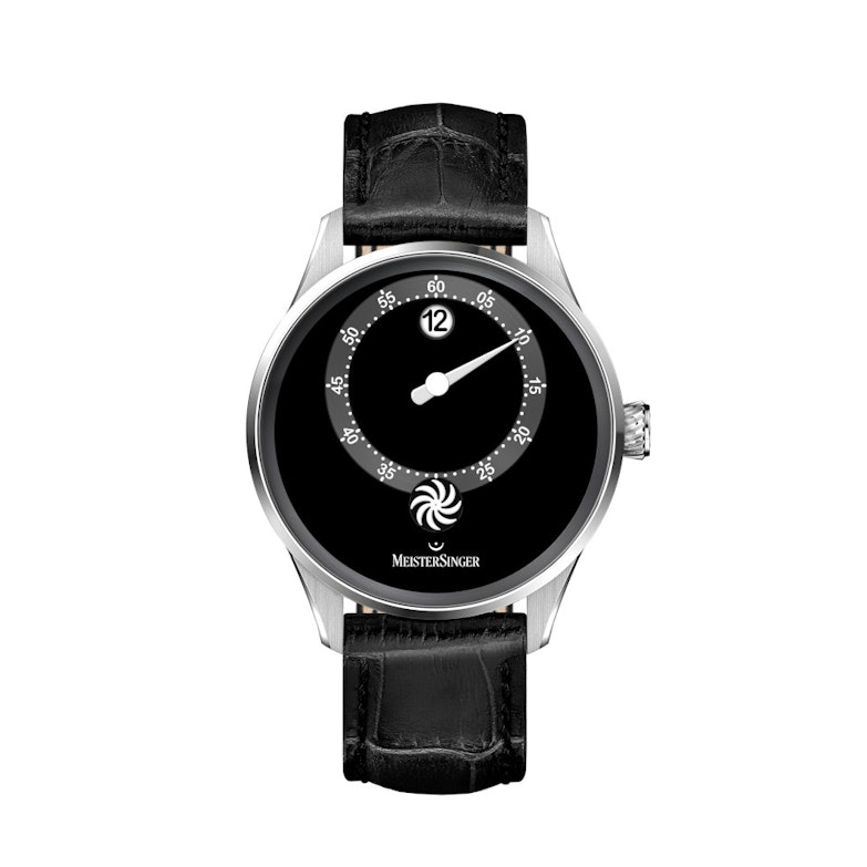 MeisterSinger Panthero Jumping Hour Automatik Edelstahl 40,5mm schwarzes Zifferblatt schwarzes Lederband