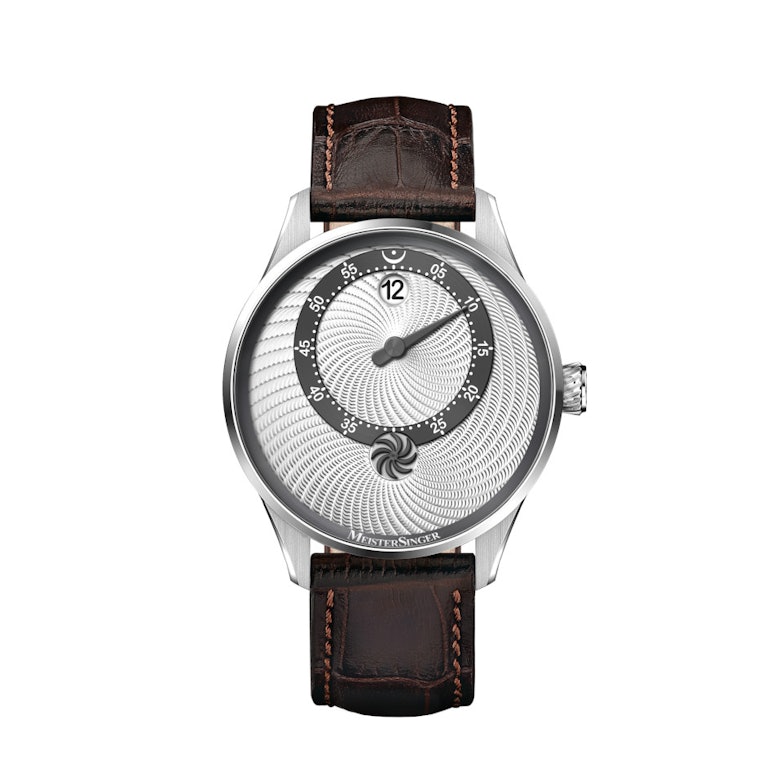 MeisterSinger Panthero Jumping Hour Automatik Edelstahl 40,5mm silbernes Zifferblatt braunes Lederband limitiert