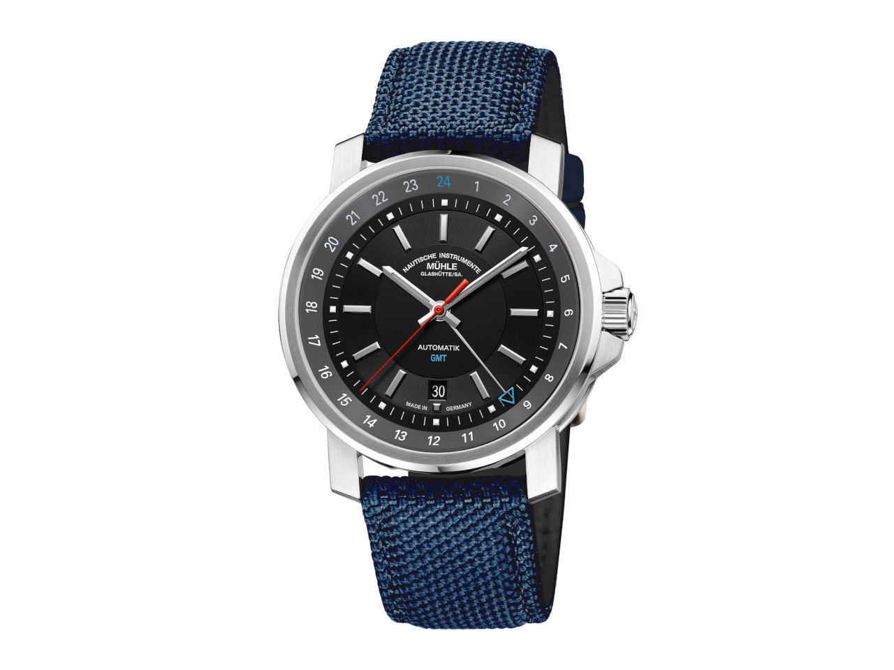 Mühle Glashütte 29er Big GMT Automatik Edelstahl 42mm schwarzes Zifferblatt blaues Textilband