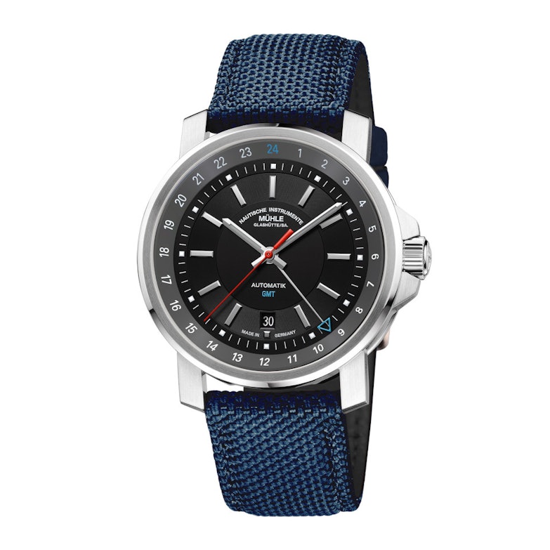 Mühle Glashütte 29er Big GMT Automatik Edelstahl 42mm schwarzes Zifferblatt blaues Textilband