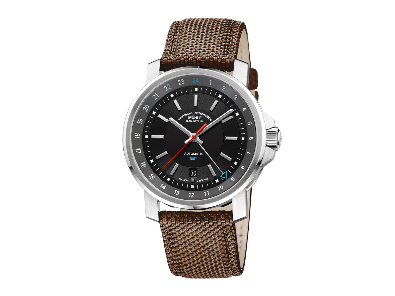 Mühle Glashütte 29er Big GMT Automatik Edelstahl 42mm schwarzes Zifferblatt braunes Textilband