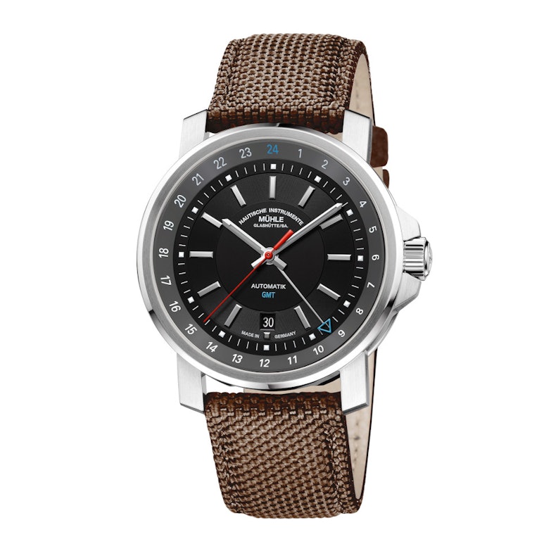 Mühle Glashütte 29er Big GMT Automatik Edelstahl 42mm schwarzes Zifferblatt braunes Textilband