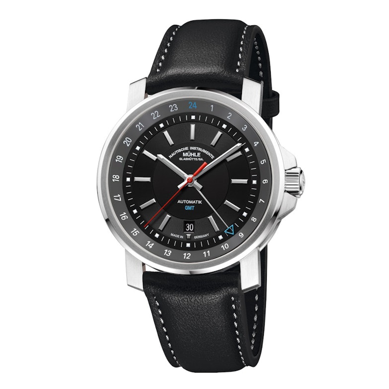 Mühle Glashütte 29er Big GMT Automatik Edelstahl 42mm schwarzes Zifferblatt schwarzes Lederband