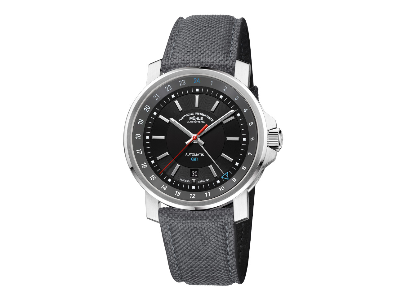 Mühle Glashütte 29er Big GMT Automatik Edelstahl 42mm schwarzes Zifferblatt graues Textilband