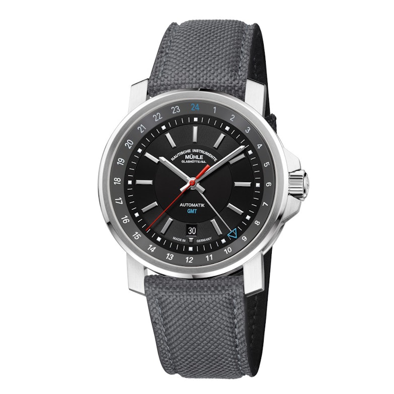 Mühle Glashütte 29er Big GMT Automatik Edelstahl 42mm schwarzes Zifferblatt graues Textilband