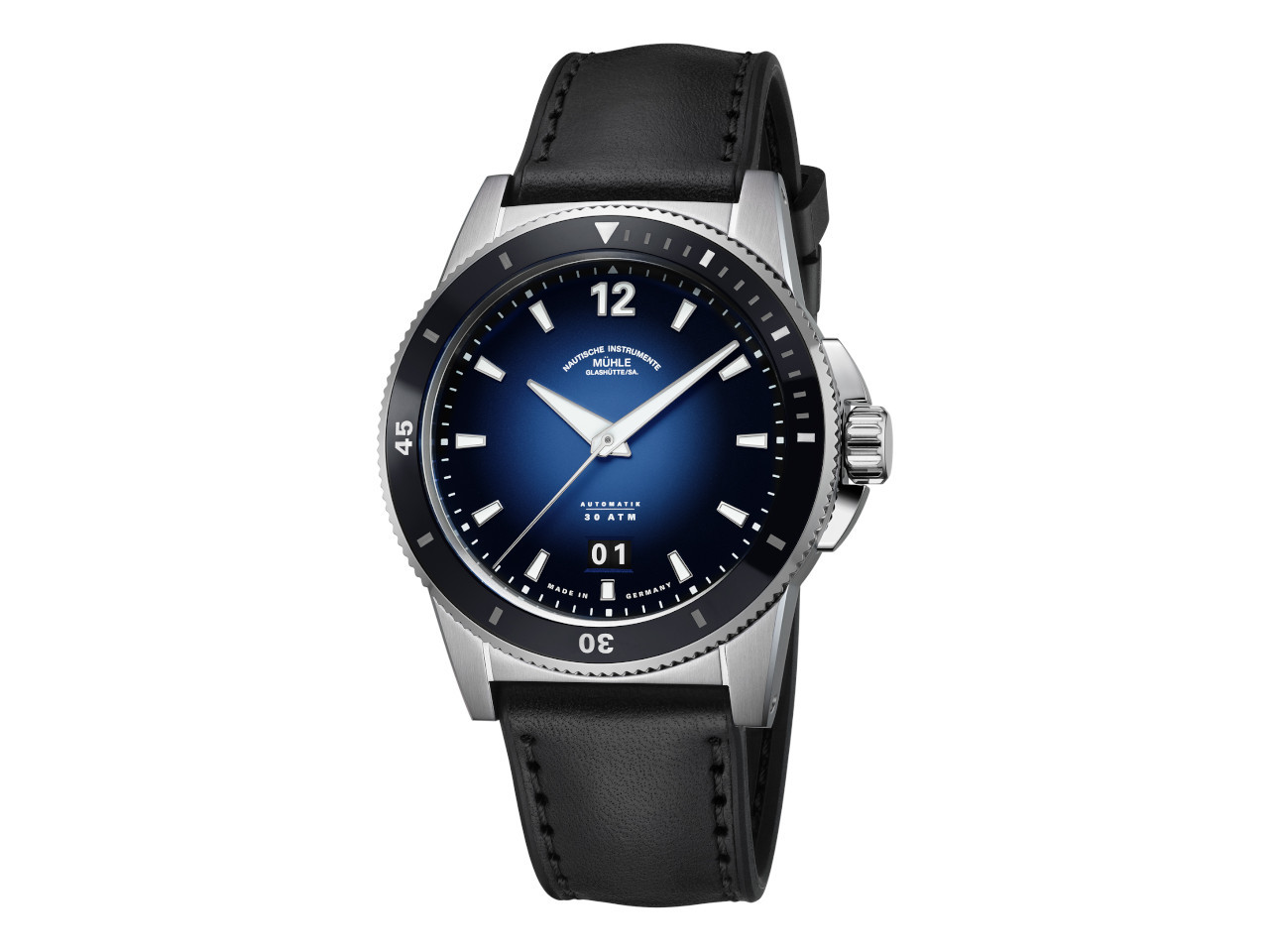 Mühle Glashütte Sportivo Großdatum Automatik Edelstahl 42mm blaues Zifferblatt schwarzes Lederband