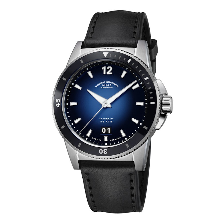 Mühle Glashütte Sportivo Großdatum Automatik Edelstahl 42mm blaues Zifferblatt schwarzes Lederband