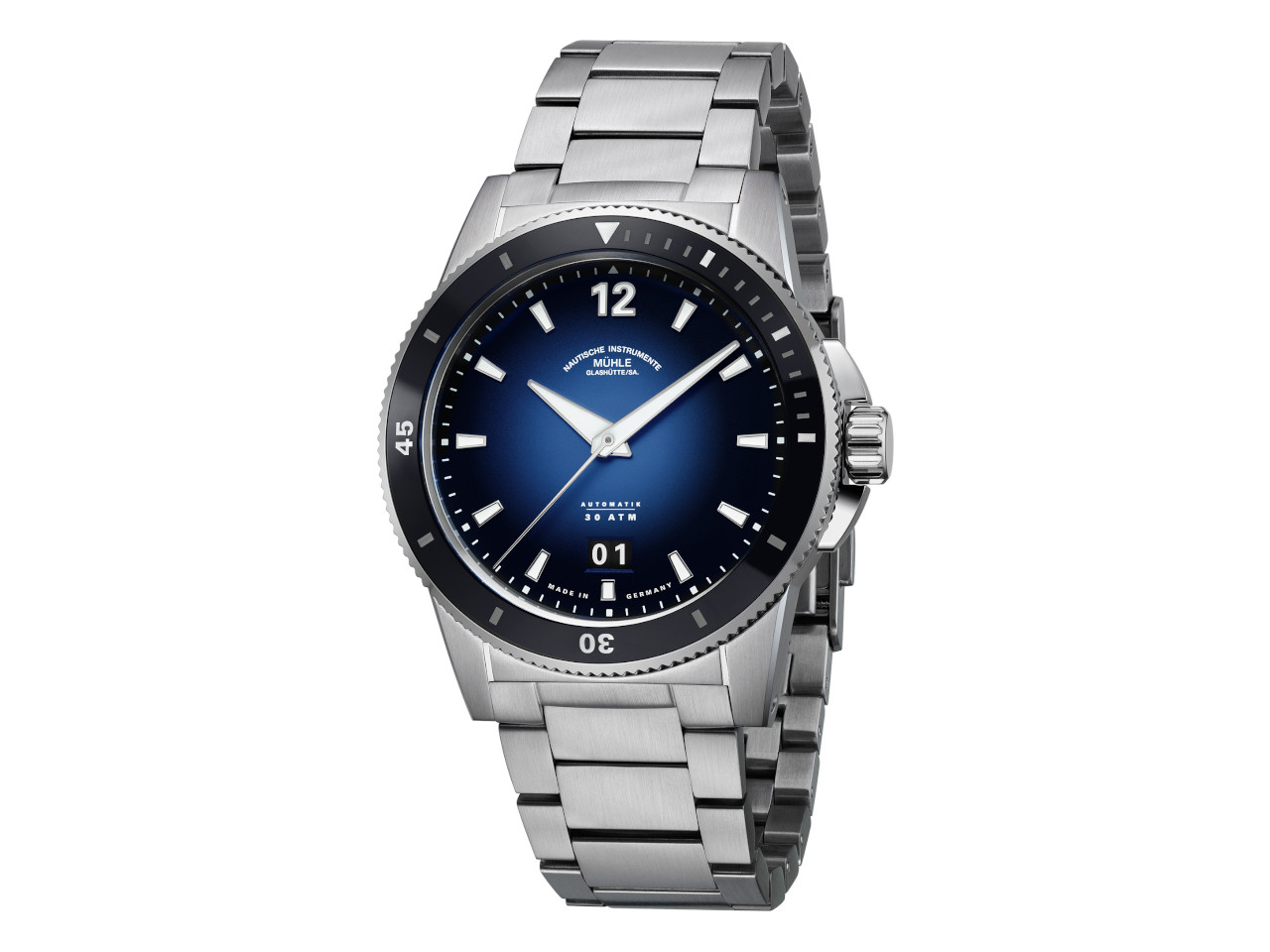 Mühle Glashütte Sportivo Großdatum Automatik Edelstahl 42mm blaues Zifferblatt Metallband