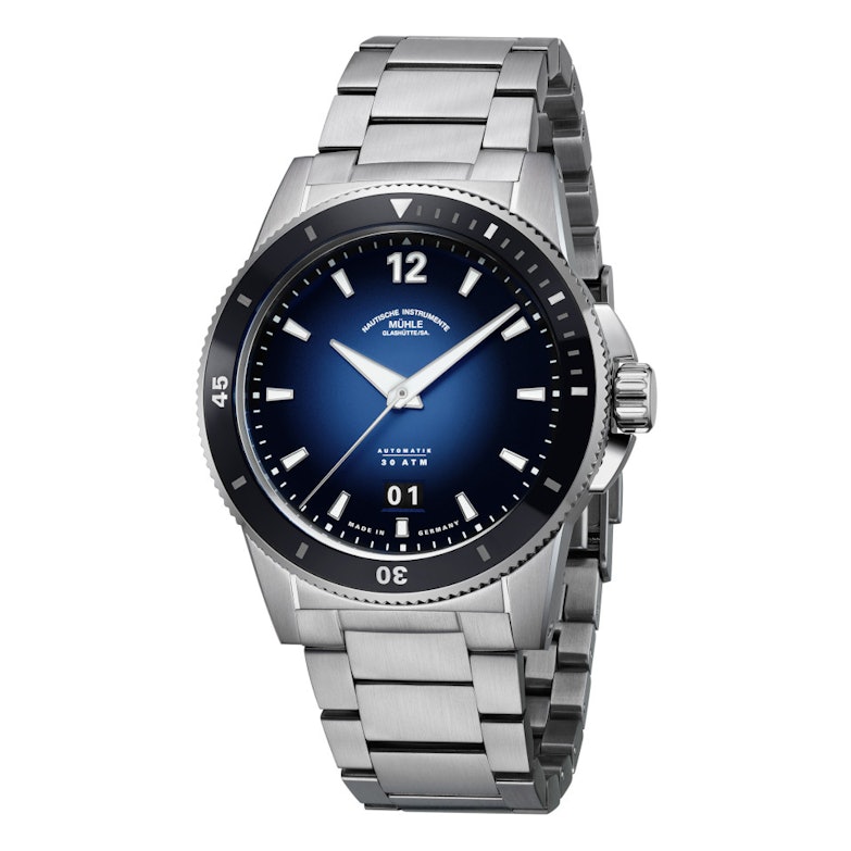 Mühle Glashütte Sportivo Großdatum Automatik Edelstahl 42mm blaues Zifferblatt Metallband