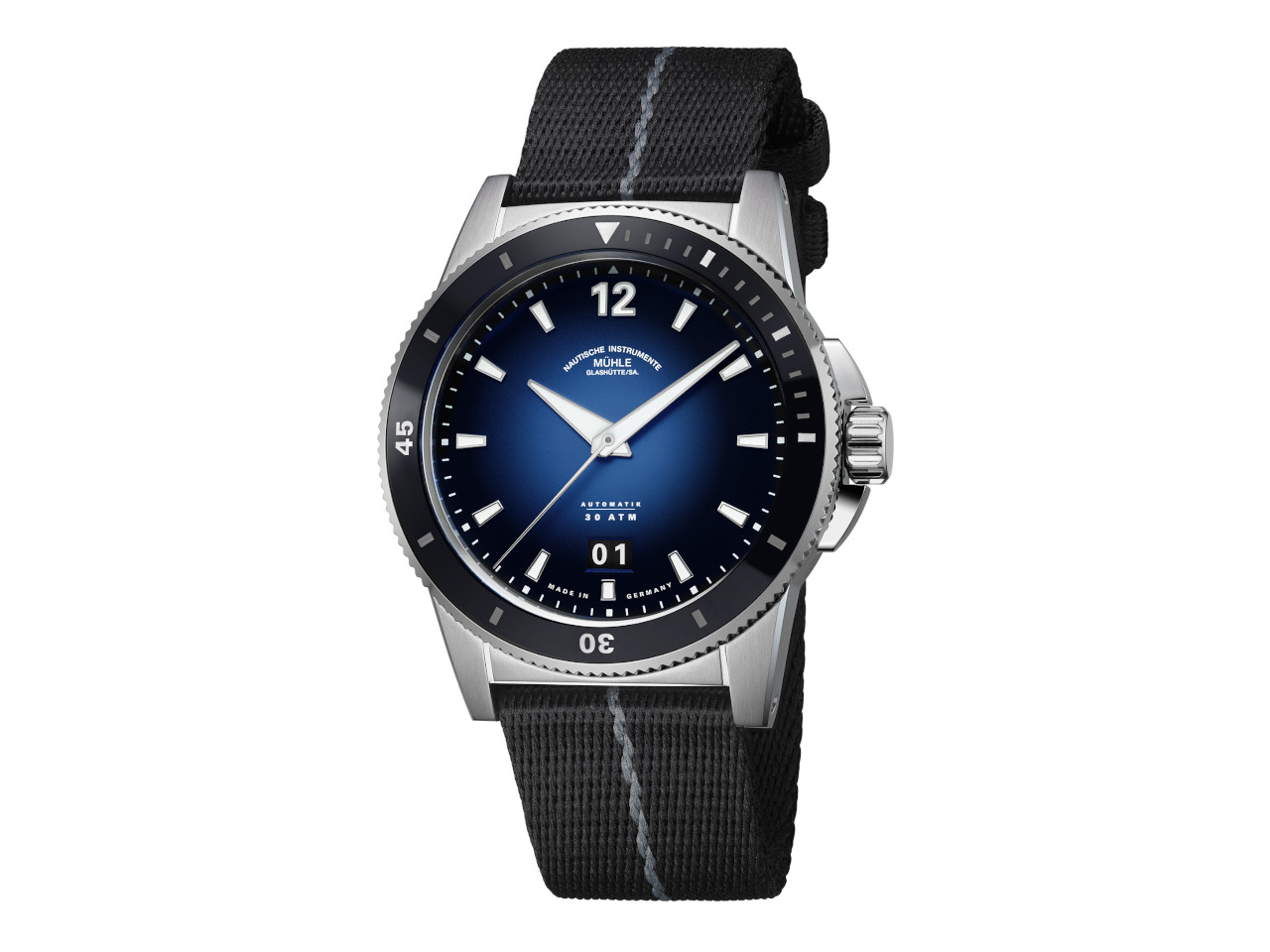 Mühle Glashütte Sportivo Großdatum Automatik Edelstahl 42mm blaues Zifferblatt schwarzes Textilband