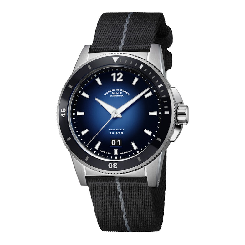 Mühle Glashütte Sportivo Großdatum Automatik Edelstahl 42mm blaues Zifferblatt schwarzes Textilband