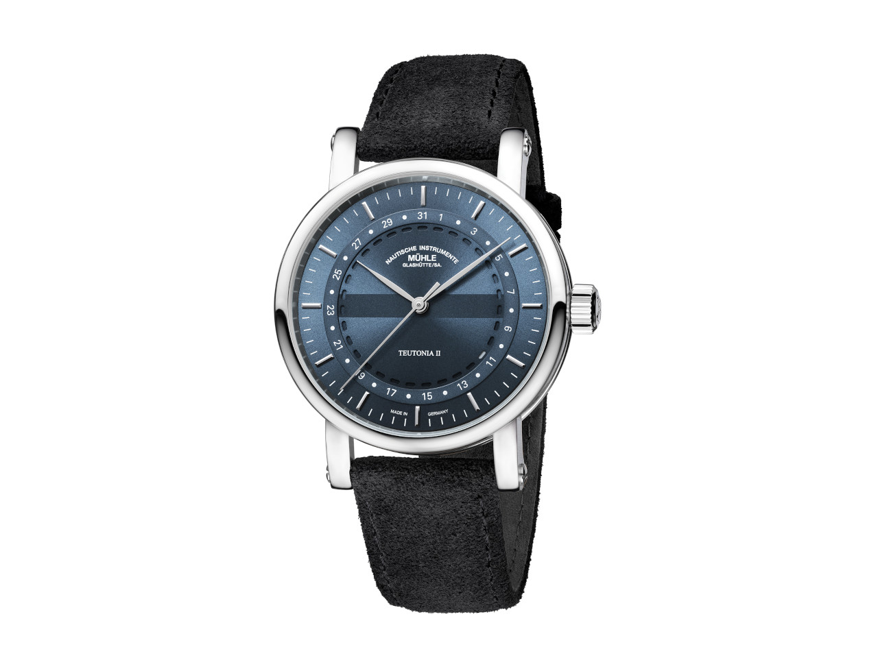 Mühle Glashütte Teutonia II Ringdatum Automatik Edelstahl 41mm blaues Zifferblatt schwarzes Textilband