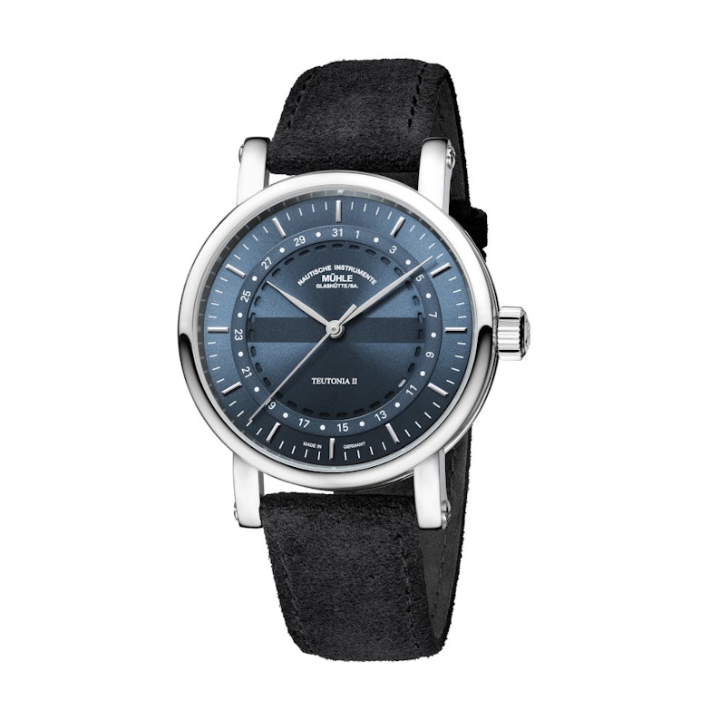 Mühle Glashütte Teutonia II Ringdatum Automatik Edelstahl 41mm blaues Zifferblatt schwarzes Textilband