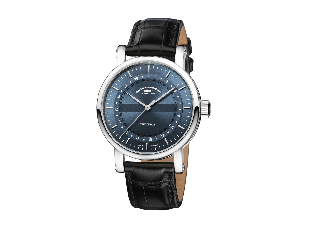 Mühle Glashütte Teutonia II Ringdatum Automatik Edelstahl 41mm blaues Zifferblatt schwarzes Lederband