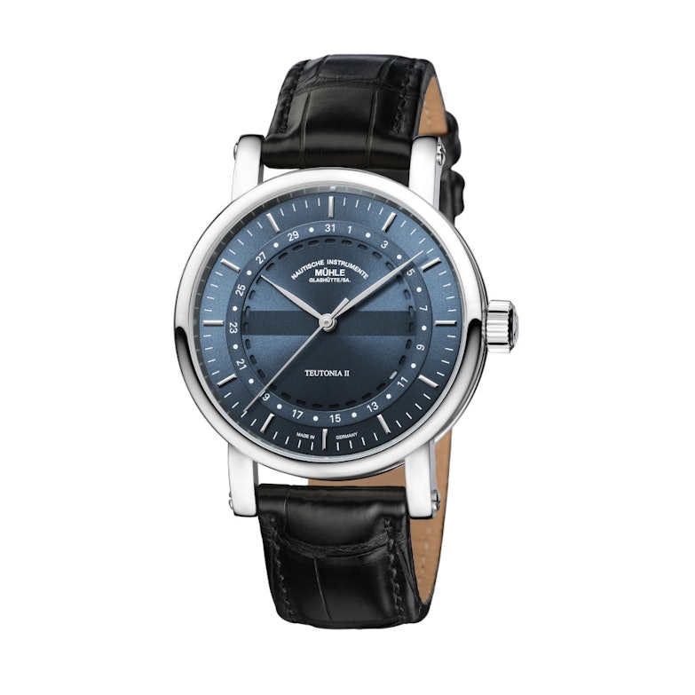 Mühle Glashütte Teutonia II Ringdatum Automatik Edelstahl 41mm blaues Zifferblatt schwarzes Lederband