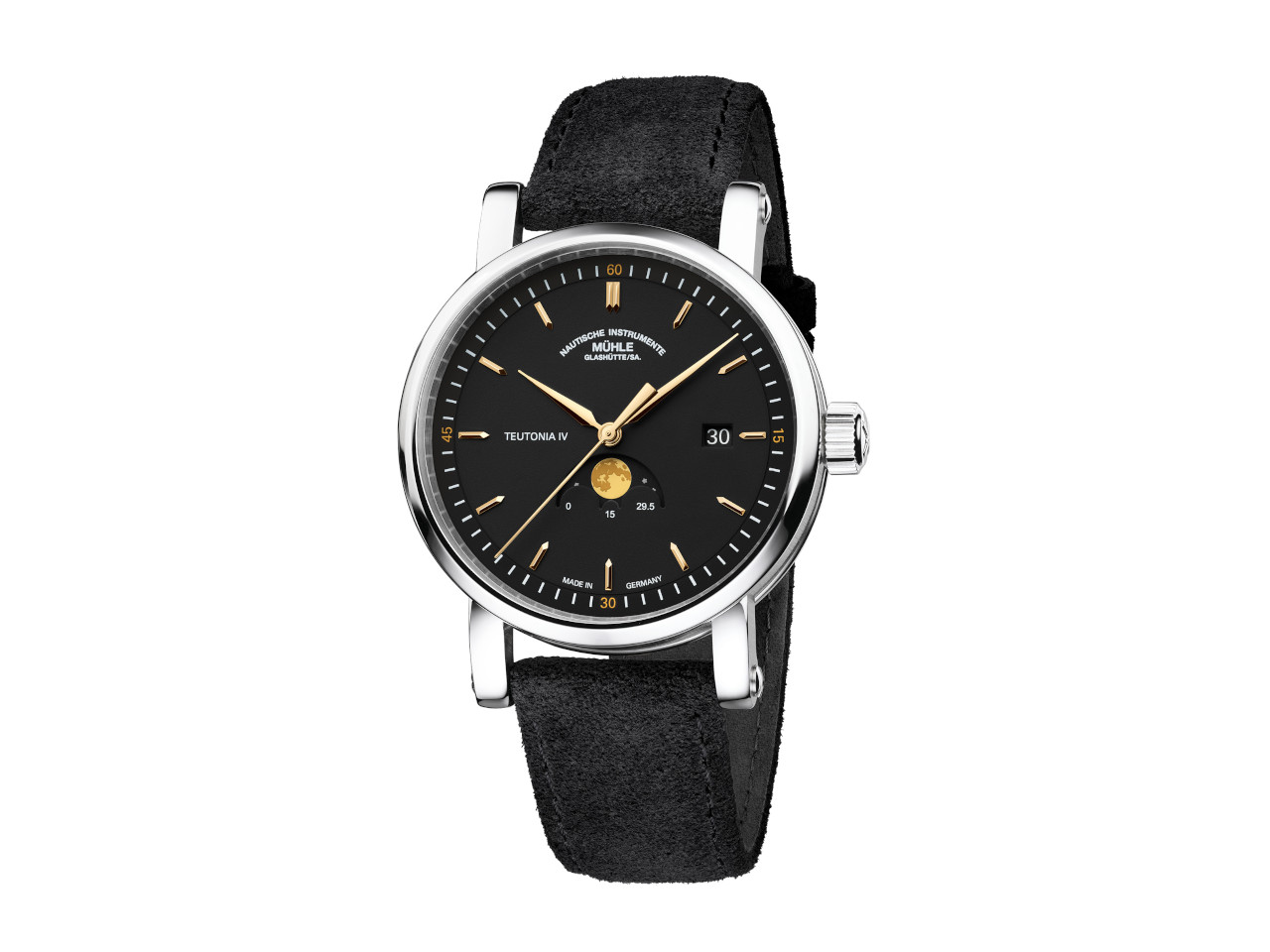 Mühle Glashütte Teutonia IV Mondphase Automatik Edelstahl 41mm schwarzes Zifferblatt schwarzes Textilband